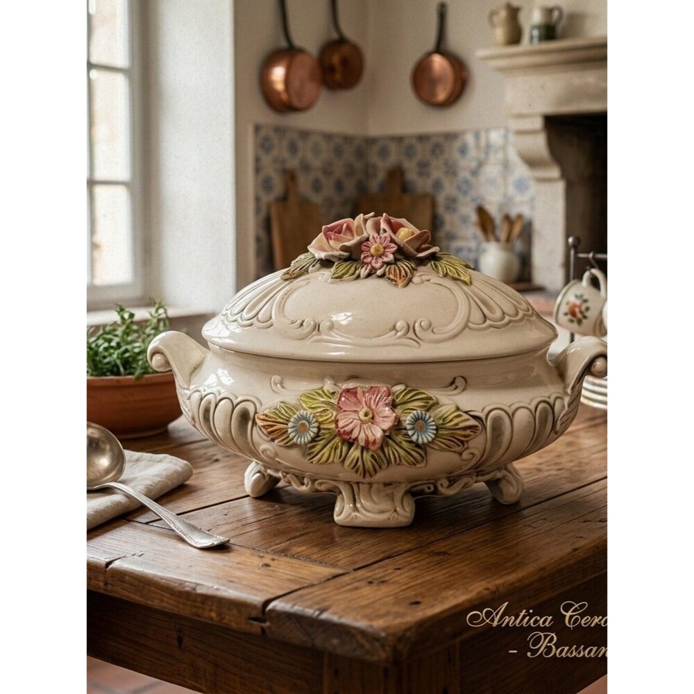 Vintage Capodimonte Italy Soup Tureen Floral Porcelain LCS Off White Black Wash